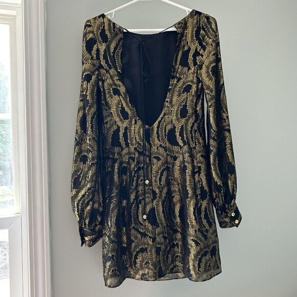 Milly Women's Silk Gold Black Cocktail Evening Mini Dress Size 2 - Picture 2 of 12